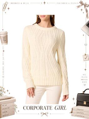 100% Cotton Cable Knit Crew Neck Pullover Sweater Long Sleeve